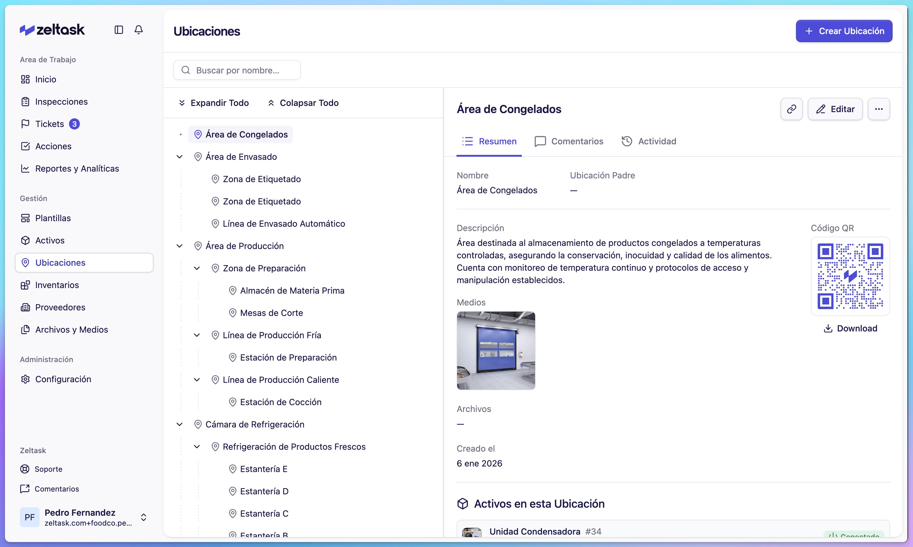 Location card showing name, description, and linked assets count